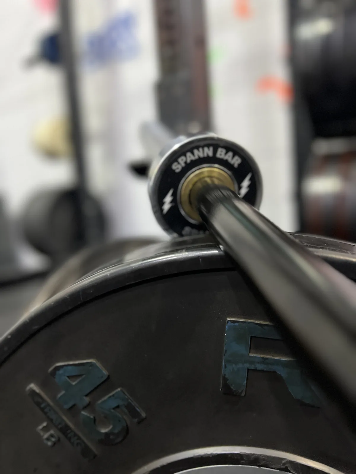 The Spann Bar end cap, silver bolts, resting on a 45 lb Rogue plate.