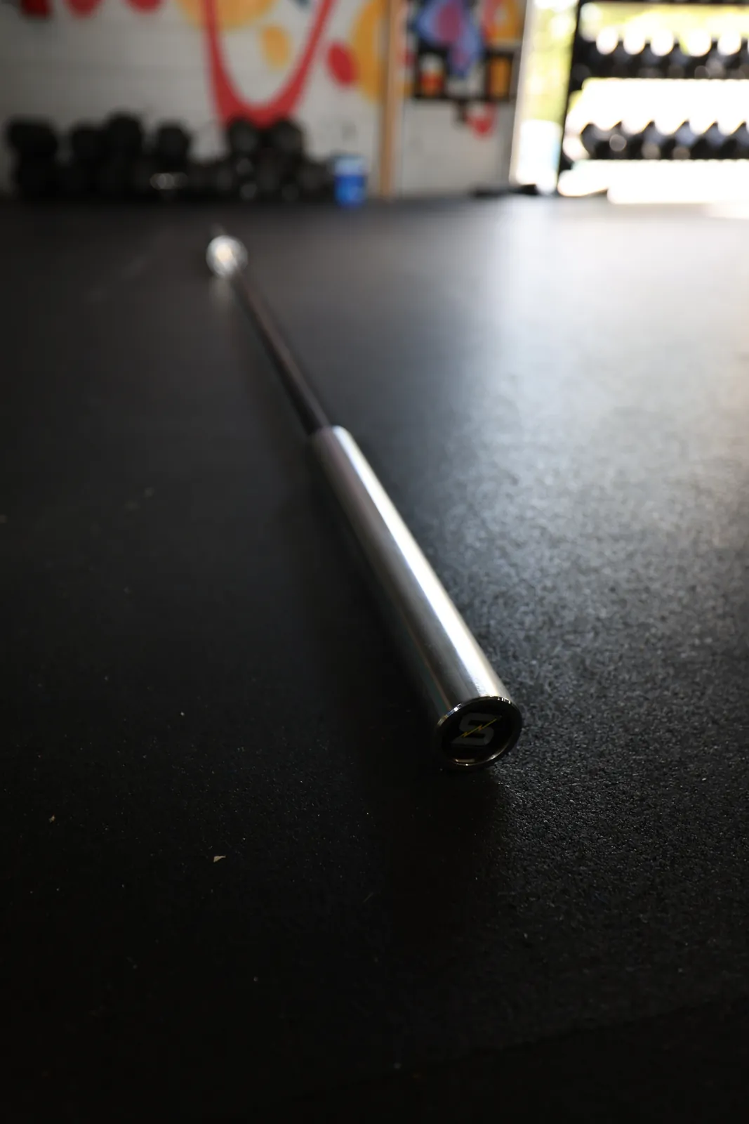 The Spann Bar's chrome landmine end, the S lightning-bolt logo on its cap.